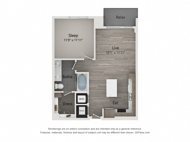 Floor plan for 1 bed, 1 bath, 747 sqft